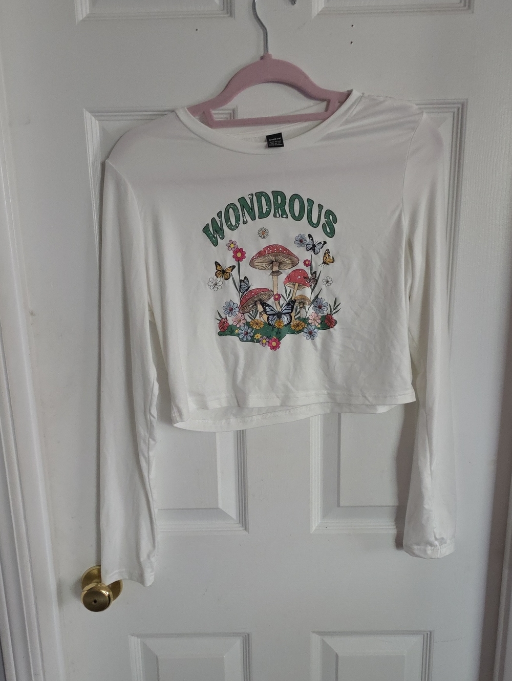 SHEIN White Graphic Crop Top with Green Print
